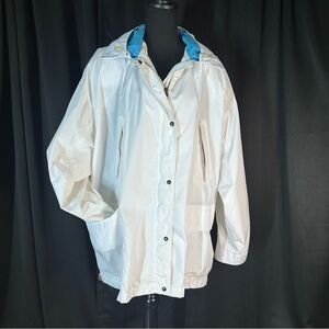 London Fog Vintage Rain Jacket Coat White Teal 3XL Tuck Away Hood Nautical‎ EUC!